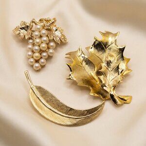 Vintage Gold Tone Brooch Pin Trio | Leaf, Feather, & Faux Pearl Grape Cluster